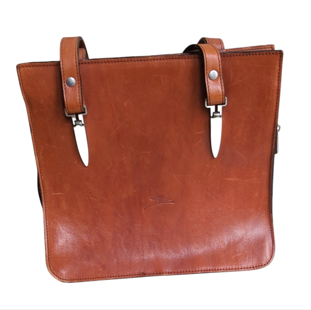 Leather Purse, Classic Brown Shoulder Bag w/ Pockets, Straps, Metallic Accents - Picture 2 of 13